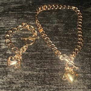 Y2K JUICY COUTURE Gold Heart Charm Bracelet and Necklace Set